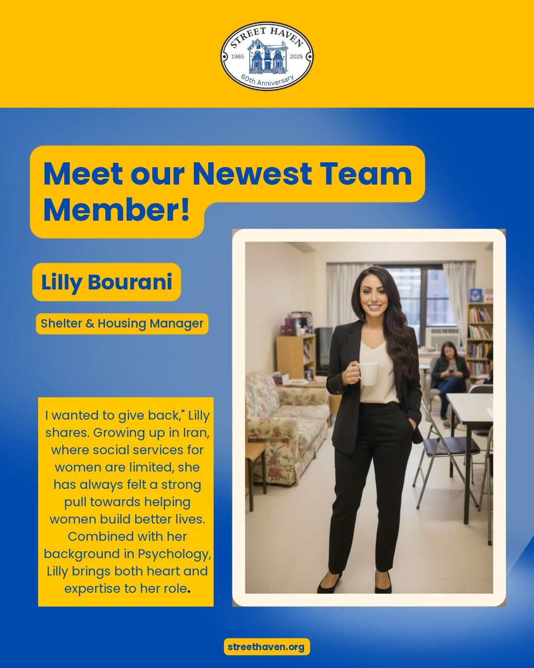 Meet Lilly Bourani, our newest Shelter and Housing Manager!
Lilly's journey to Street Haven began when she first arrived in Canada as an immigrant. Using welcome centres and working with a case worker herself, she noticed something important—there was a real need for more services for newcomers, especially in Farsi and Arabic. That experience inspired her to start volunteering and eventually pursue her calling in social services.
"I wanted to give back," Lilly shares. Growing up in Iran, where social services for women are limited, she has always felt a strong pull towards helping women build better lives. Combined with her background in Psychology, Lilly brings both heart and expertise to her role.
For Lilly, Street Haven represents the perfect opportunity to address the challenges she once experienced as a newcomer to Toronto and to be part of an organization truly dedicated to women's wellbeing.
Welcome to the team, Lilly! We're so grateful to have you here.
#StreetHaven #NewcomerSupport #WomenHelpingWomen #ShelterAndHousing #MultilingualSupport