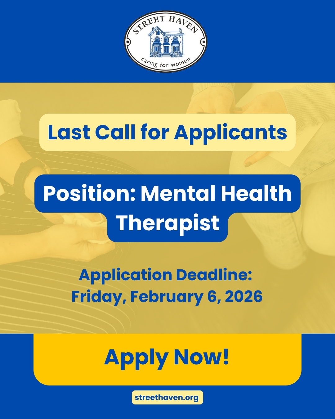 Last Call for Applicants!

We're looking for a Mental Health Therapist to provide trauma-informed, culturally responsive care at our emergency shelter.

What You'll Do:

- Deliver individual and group psychotherapy using evidence-based approaches

- Create tailored treatment plans that prioritize safety, empowerment, and resilience

- Support clients in developing healthier coping strategies and emotional regulation

- Work collaboratively within a multidisciplinary team committed to anti-oppressive environment

If you’re interested, visit our website for more information and a full job description. Link in bio. 

⏰ Apply by tomorrow, 11:59 PM, Friday, February 6, 2026

#MentalHealth #JobOpening #StreetHaven