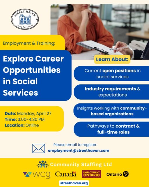 Thinking about a career in social services? This one is for you. 

Join us for a FREE online info session led by Pam Gill, Founder of Community Staffing Ltd! 

📅 Monday, April 27 

⏰ 3:00–4:30 PM 

💻 Online (link sent upon registration) 

We'll be covering open roles, what employers look for, and real pathways into social services, whether you're just starting out or looking to grow your skills. 

Perfect for anyone interested in social services, experience in childcare, youth work, or community support. 

📩 Email employment@streethaven.com to register! 

#SocialServices #CareerOpportunities #CommunityStaffing #Hiring #NonProfit #JobSeekers #CommunitySupport #StreetHaven