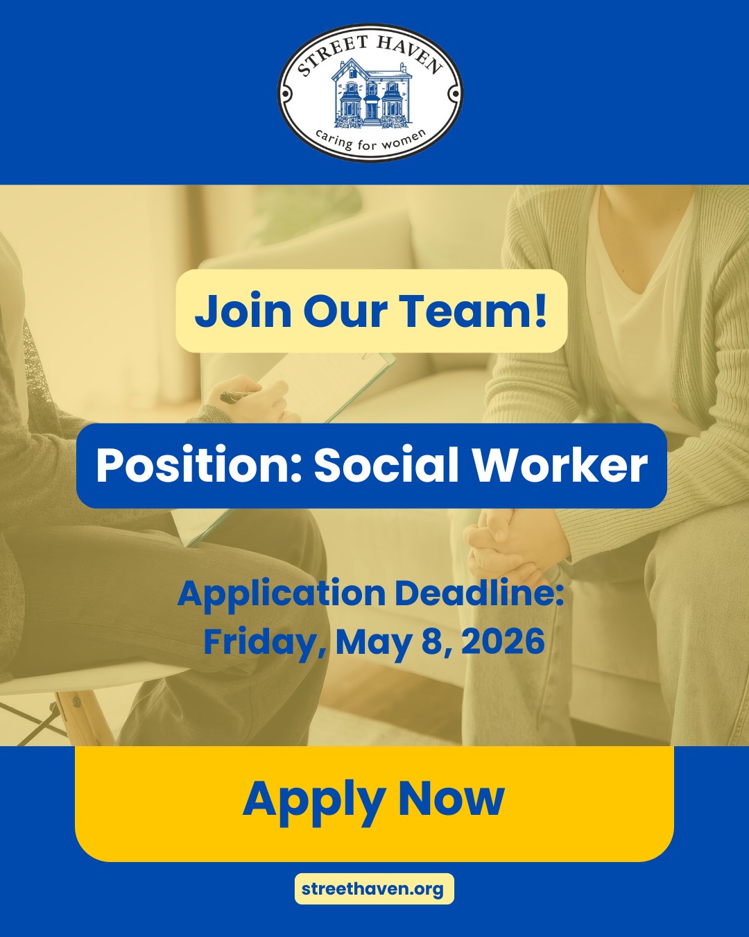 📢 We’re Hiring: Social Worker 

Street Haven is seeking a compassionate and skilled Social Worker to join our addictions treatment team, dedicated to supporting women on their recovery journey. 

You'll provide counselling, case management, and wraparound support, working from a trauma-informed, anti-oppressive, and client-centered lens at our emergency shelter. 

Deadline to Apply: Friday, May 8, 2026 

Full job description + application are on our website. Link in our bio. 

#NowHiring #SocialWorker #TraumaInformed #WomensSupport #Homelessness #MentalHealth #AddictionsSupport #AntiOppression #SocialWork #JoinOurTeam #StreetHaven