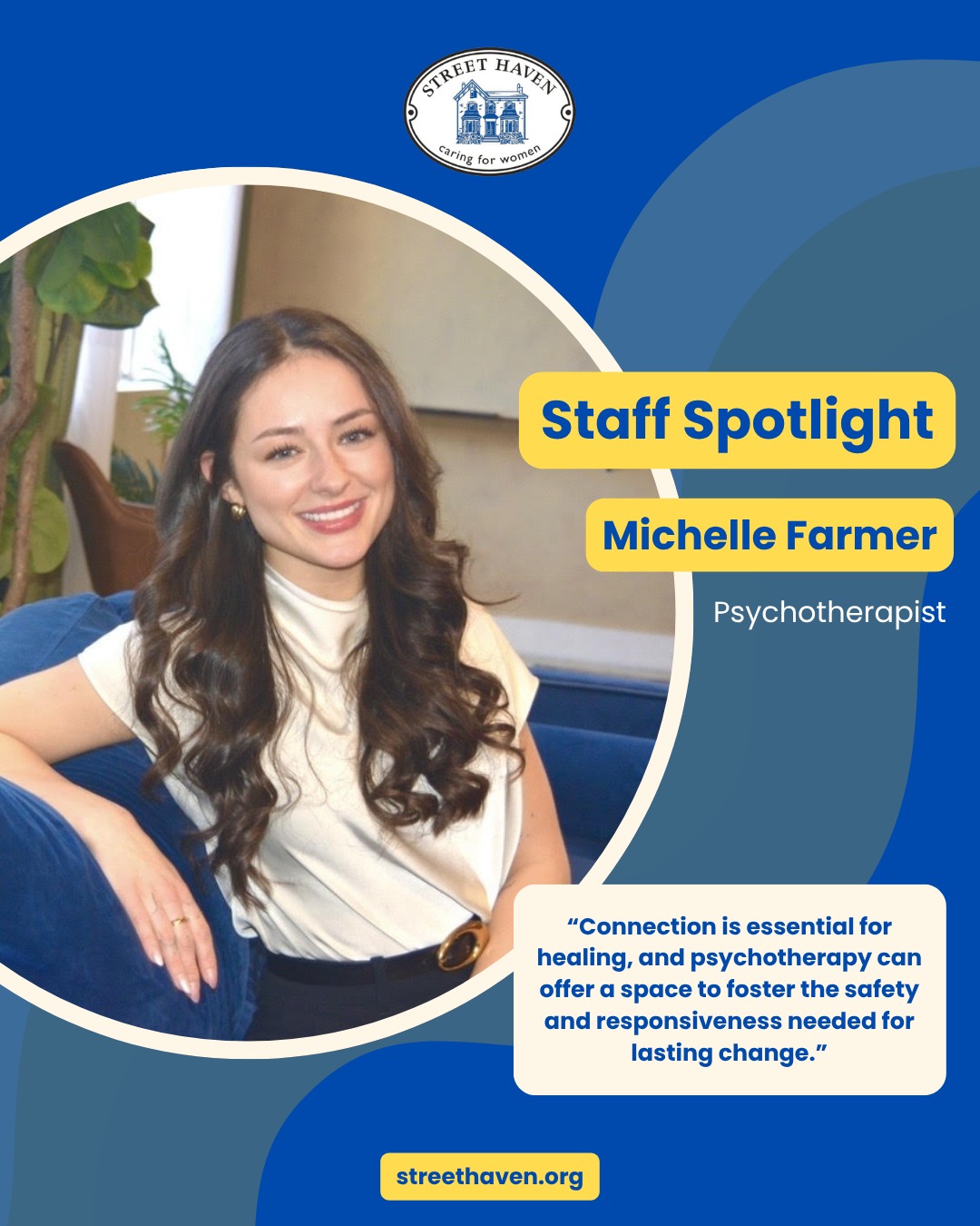 This Mental Health Week, we're proud to spotlight Michelle, our on-site psychotherapist at Grant House 💙 

When we asked what "Come Together, Canada: Stronger Connections, Better Mental Health" means to her, she said it perfectly: humans aren't just wired for togetherness, we need safe, responsive bonds where we feel truly seen. When this need goes unmet, isolation can take hold, significantly impacting mental health. Michelle brings that understanding into every session. 

And what keeps her going every day? Her clients’ resilience and growth. 

“Seeing clients return to school and invest in their education is especially fulfilling, as it reflects a growing sense of possibility and self-belief, and I am equally moved by the ways they move closer to their values and more authentic selves.” 

Thank you, Michelle. We're so grateful for the safe, compassionate space you create. 

#MentalHealthWeek #ComeTogetherCanada #StaffSpotlight #StreetHaven #GrantHouse #ConnectionHeals #Psychotherapy #WomensWellness