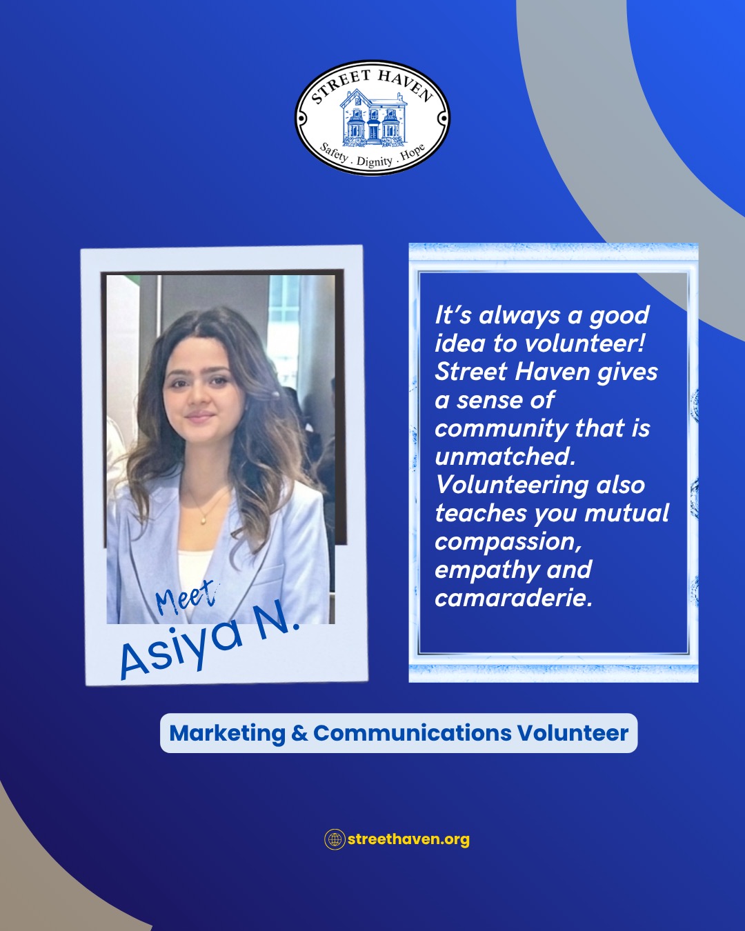Meet Asiya, our marketing and communications volunteer who is helping us with community outreach and engagement.
Our volunteers come from all professional backgrounds and are the heart and soul of our organization. Visit our website for all open volunteer positions.
#Canada #Volunteer #StreetHaven #Safety #Dignity #Hope