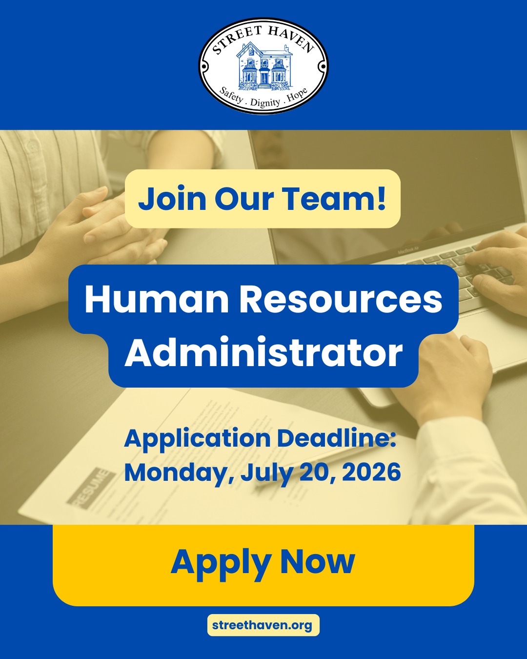 We're Hiring! We're looking for someone to join our team as a Human Resources Administrator. 

From recruitment to onboarding to keeping our HR systems running smoothly, this role helps make sure our staff have the support they need to do their best work for the women we serve. 💛

Reporting to our Executive Director and working closely with Payroll, IT, and our leadership team, you'll be the glue that keeps our employee experience organized and positive. 

If this sounds like the perfect position for you, we'd love to hear from you! 

📅 Applications close Monday, July 20 

💻Apply online through our website. Link in bio. 

#HumanResources #TorontoJobs #NonprofitJobs #NowHiring #StreetHaven