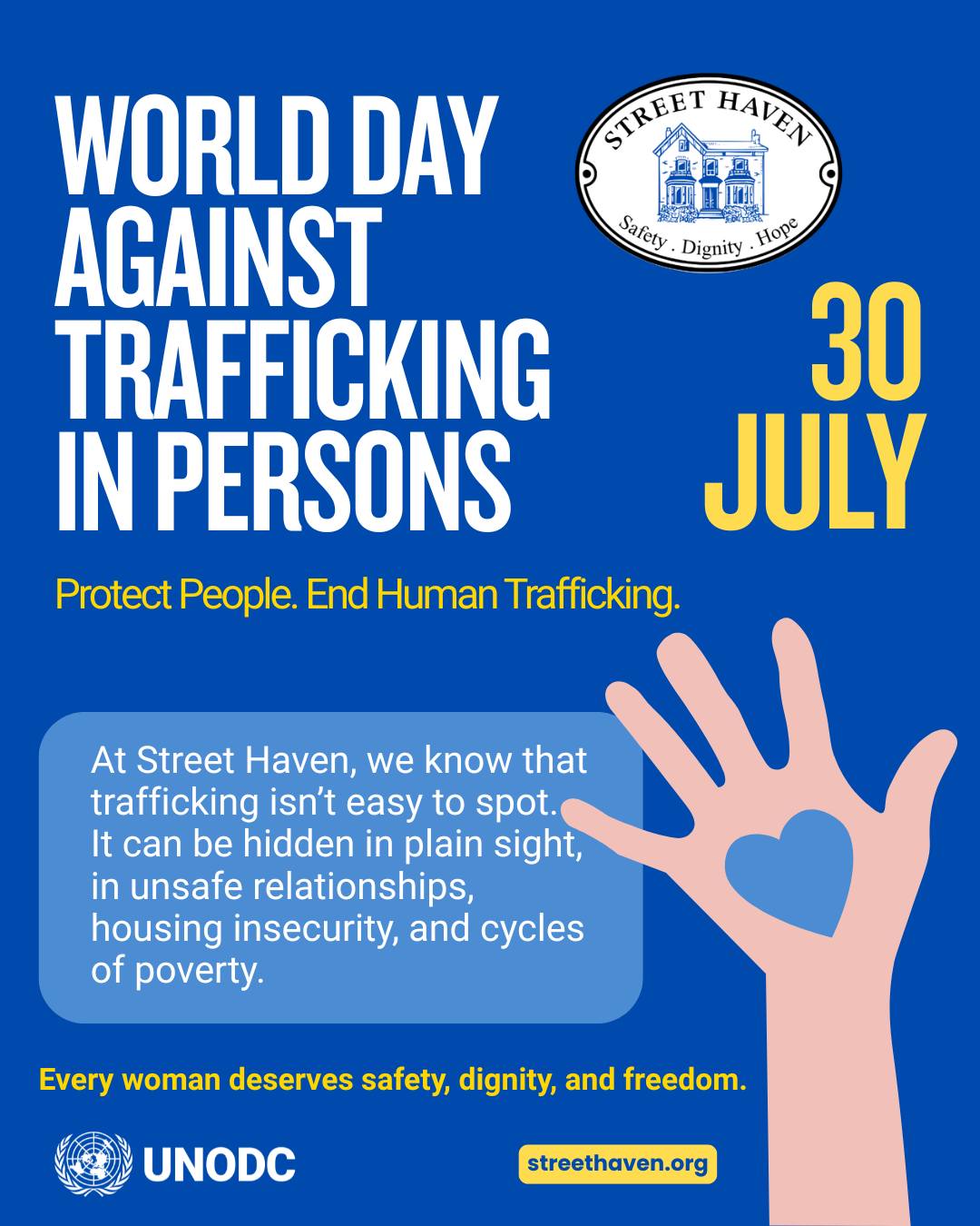 Today is World Day Against Trafficking in Persons, a day to raise awareness about human trafficking and to stand in solidarity with survivors.
In the past 16 months alone, 30% of the women we've served at Street Haven, have identified as survivors of human trafficking. We know that trafficking can hide in plain sight and there's no single sign that tells you someone is being trafficked. It can look like an unsafe relationship, housing insecurity, or a cycle of poverty that's hard to break.
At Street Haven, we believe every woman deserves safety, dignity, and freedom. If you or someone you know is experiencing human trafficking, please reach out:
Victim Services Toronto: 1 (416) 808-7066
Canadian Centre to End Human Trafficking: 1 (833) 993-7867
Victim Support Directory: 1 (888) 579-2888
#EndHumanTrafficking #SupportingWomen #StreetHaven #SupportingSurvivors