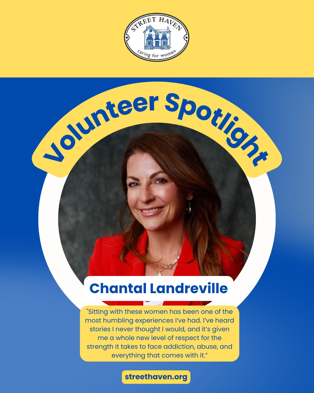 To continue celebrating National Volunteer Week, we’d like to shine a spotlight on Chantal Landreville, an author and certified love & relationship coach who recently volunteered with our Grant House residents. 

Chantal co-facilitated a 4-week session on self-esteem and self-confidence with our residents, bringing her expertise in communication, self-awareness, and healthy relationships to the women we serve. 

Her words say it all: 

"Sitting with these women has been one of the most humbling experiences I've had… It's reinforced how essential support, compassion, and human connection are in the process of rebuilding. It's been a very rewarding experience." 

We are so grateful to have people like Chantal, volunteer their time and expertise with our community. Thank you, Chantal. 💛

#NVW2026 #VolunteerSpotlight #GrantHouse #Volunteer #WomenSupportingWomen #Recovery #Healing #Community #Gratitude