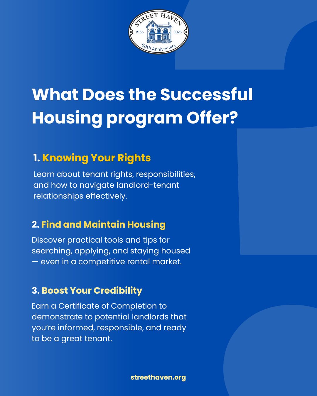 Navigating the rental market can be tough — whether you’re new to renting or facing housing challenges. Street Haven’s Successful Housing program helps you build the knowledge, skills, and confidence to make informed housing decisions. 

Through 8 interactive workshops, participants gain the knowledge and confidence to find and keep stable housing. Additionally, we offer a Train the Trainer workshop for agencies that would like to teach their staff to facilitate this program. We also provide the tools, knowledge and support to empower other professionals to facilitate this impactful program as well. 

For more information about the Sucessful Housing program and contact details visit streethaven.org/services/successful-housing today. 

#Successfulhousing #interactiveworkshops #buildingskills #empoweringher #housingdecisions