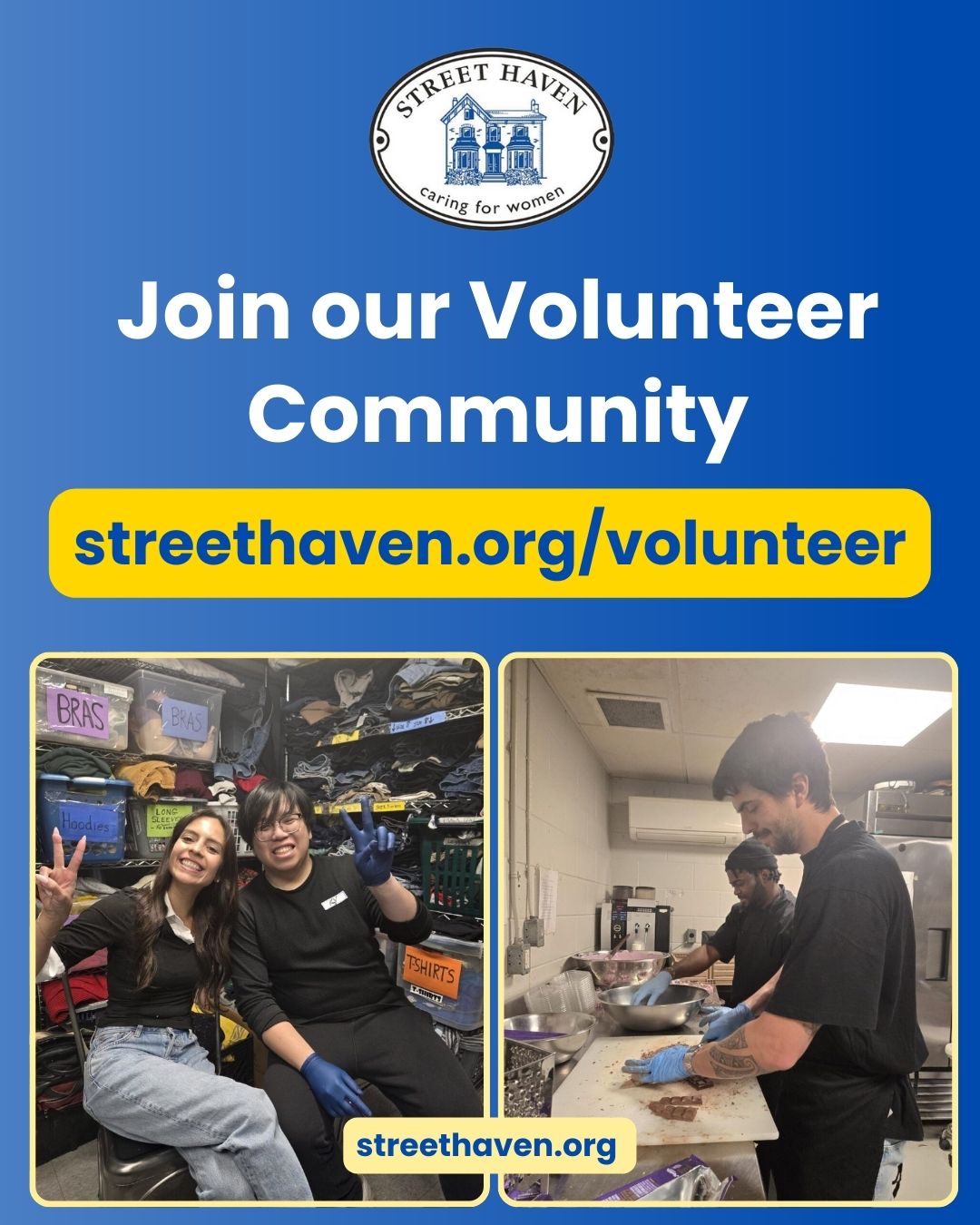 Are you looking to volunteer? We have a role for everyone!

Current open volunteer positions:
- Evening Facilitator
- Kitchen Assistant
- Program Facilitator (Training Services)
- Peer Support Worker
- Indigenous Peer Support Worker (Shelter-Based)
- Donations Room Support
- Yoga Facilitator
- Career Mentors & Field-Specific Facilitators
- Reception & Office Support

Whether you have a few hours a week or a specific skill to share, our volunteer opportunities offer something for everyone. We'd love for you to join our team and make a real impact in our community.

To learn more about each position and apply, visit streethaven.org/volunteer

#StreetHaven #volunteer #volunteeropportunities #givingback #joinourteam #Torontovolunteers #communitysupport