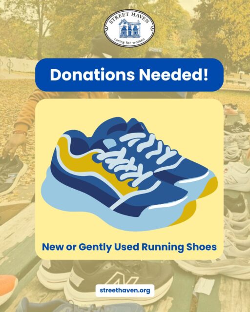📣 Donation Call! 

We're currently looking for new or gently used running shoes for our shelter clients. Women's size 7-11 preferred. 

Donations can be dropped off at 87 Pembroke. Please call (416) 771-6087 to arrange a drop off time. 

#StreetHaven #WomenSupportingWomen #Community #GivingBack