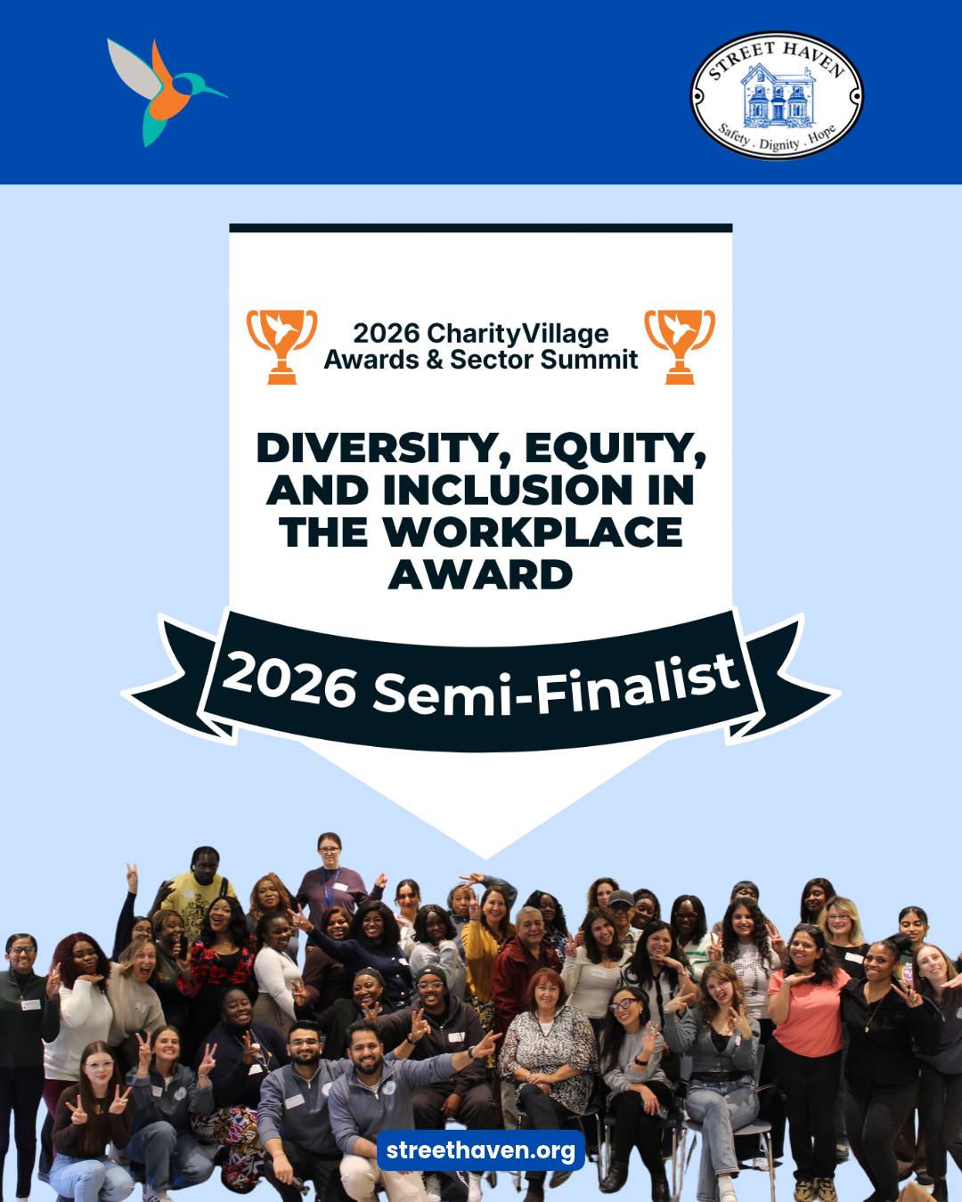 We're so excited to announce that we're a semi-finalist for the @charityvillage Diversity, Equity & Inclusion in the Workplace Award! 

From creating our first DEI committee, which meets monthly to talk about how we can be even more inclusive, to hosting events like our Black History Month party, where we come together over food, music, and activities that celebrate different cultures, DEI is just part of how we do things at Street Haven. 

We've always known that our differences are what makes us stronger. We didn’t need an award to tell us that, but we’re proud to be recognized for the work we’ve done to make sure everyone at Street Haven feels included and supported. 

#DEIintheWorkplace #CharityVillageAwards2026 #StreetHaven
